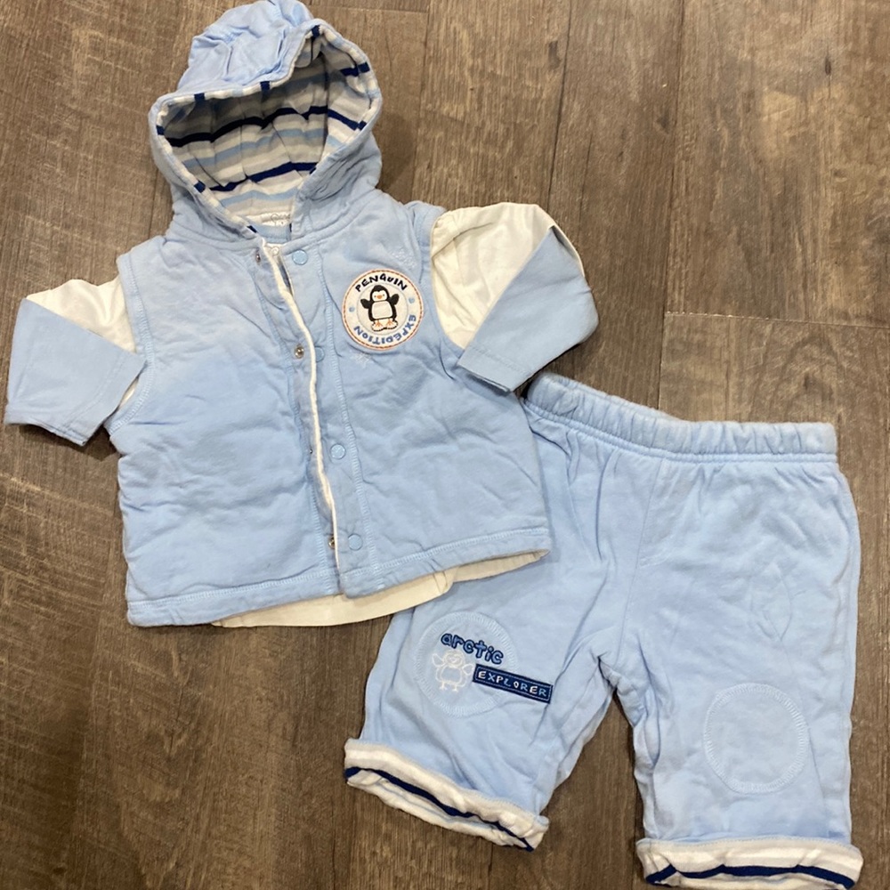 Koala Baby thick pants w/ snap front hooded vest & long sleeve shirt set 3-6 mos
